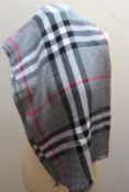 A BURBERRY TRADITIONAL CHECK LIGHTWEIGHT GREY SCARF, fringe detail to ends, approx L 180 cm W 68 cm
