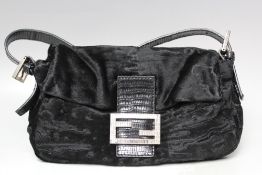 A FENDI VELVET EVENING BAG, with flat leather strap, decorative stud fastening, dust bag, H 17 cm, W