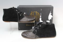 A PAIR OF HOUSE OF HARLOW FLAT LACE UP BOOTS, with snake effect toe, UK size 5.5, boxed
