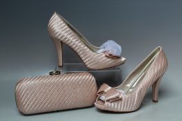 A PAIR OF PHASE EIGHT OPEN TOE STILLETO SHOES, with basket weave effect and bow detail, EU size 40/