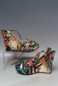 A PAIR OF JIMMY CHOO WEDGE SANDALS, typical multi coloured linen effect style, EU size 37