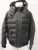 MOOSE NICKEL, a mens black puffa style bomber jacket, goose feather filled, size XL
