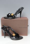 A PAIR OF LOUIS VUITTON BLACK PATENT SLINGBACK SHOES, EU size 40, dust bags and boxed