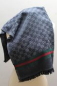 A LADIES TONAL SLATE GREY GUCCI LOGO SCARF, L 184 cm, W 66 cm