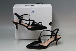 A PAIR OF ALDO BLACK LEATHER KITTEN HEEL STRAPPY SHOES, UK size 3