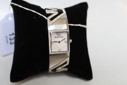 AN EMPORIO ARMANI LADIES WRISTWATCH, with jewel encrusted logo metallic strap, no box
