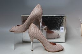 A PAIR OF SIGERSON MORRISON STILETTO OPEN TOE SNAKESKIN EFFECT LEATHER SHOES, metallic effect heels,