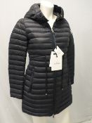 MONCLER, a ladies mid-length black puffa jacket, size 0 / UK 6