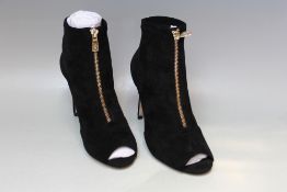 A PAIR OF KAREN MILLEN BLACK SUEDE OPEN TOE ANKLE BOOTS, zip detail, size EU 39