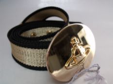 A VIVIENNE WESTWOOD BLACK AND LUREX FABRIC BELT, close weave black and gold fabric with gold tone