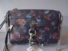 A REBECCA MINKOFF FLORAL / NAVY CROSS BODY BAG, silver tone hardware with chain and studded