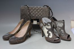 A PAIR OF STUART WEITZMAN FOR RUSSELL BROMLEY SHOWBIZ SHOES/BOOTS, with mesh and bronze fabric