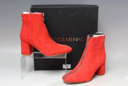 A PAIR OF REBECCA MINKOFF RED SUEDE ANKLE BOOTS WITH ZIP DETAIL, size EU 36