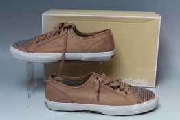 A PAIR OF MICHAEL KORS BOERUM STUDDED METALLIC EFFECT TAUPE LEATHER SNEAKERS, studded detail to