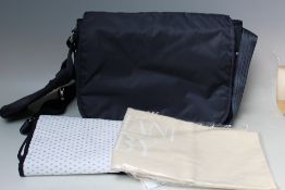 A ARMANI BABY BAG, navy coloured, with changing mat, bottle holder and dust bag, adjustable strap