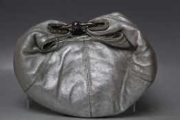 A JIMMY CHOO METALLIC SILVER EVENING BAG, magnetic fastening, with beaded detail and fixed