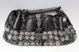 A BURBERRY BLACK LEATHER AND METALLIC HANDBAG, single loop handle, draw string closure with numerous