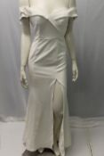 JARLO, a ladies long off shoulder dress, ivory / white, size 8