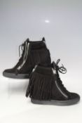 A PAIR OF GINA PLATFORM ANKLE BOOTS, black suede finish with twin zips and tassels to each, EU