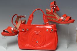 A ARMANI JEANS JELLY TYPE HANDBAG TOGETHER WITH A PAIR OF MATCHING SLINGBACK WEDGE SANDALS, EU