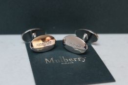 A BOXED PAIR OF SILVER-TONE MULBERRY OVAL TREE CUFFLINKS