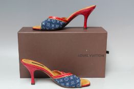 A PAIR OF LOUIS VUITTON KITTEN HEEL DENIM MULES, EU size 39, dust bags and boxed