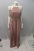 TFNG, a ladies long length pink dress with pleated detail to front and gold trim, size 12