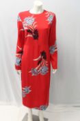 A LADIES RED FLORAL PRINT DRESS, make unknown, size EU 40