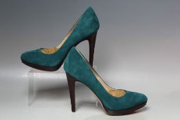 A PAIR OF COLE & HAAN STILLETO PLATFORM SHOES, teal suede finish, US size 9B, dust bags