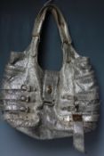A JIMMY CHOO METALLIC EFFECT EVENING BAG, twin flat handles, fold over clasp, buckle type detail