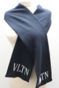 A UNISEX BLACK VALENTINO KNITTED SCARF WITH WHITE VLTN LOGO, wool and cashmere blend, 20 x 170 cm