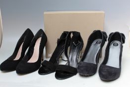 A PAIR OF KURT GEIGER BLACK AND WHITE SUEDE PATENT SANDALS, EU size 39, together with a pair of