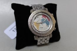 A JOE RODEO OVERSIZED WRISTWATCH, steel bracelet with gem encrusted face featuring a world map, no