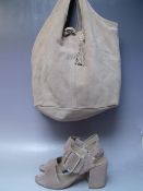 A RUSSELL BROMLEY TAUPE SUEDE LEATHER BOHO BAG, with gold tone hardware, zippered internal pouch and