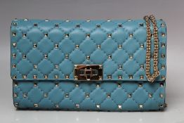 A VALENTINO QUILTED AND STUDDED BLUE / GREEN HANDBAG, with chain link shoulder strap, W 23 cm