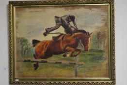A GILT FRAMED OIL ON BOARD DEPICTING A HORSE AND JOCKEY SIGNED M. R. HYDE