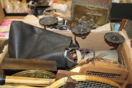 TWO TRAYS OF SUNDRIES TO INCLUDE A VINTAGE TENNIS RACQUET, CANDLE HOLDER ETC. (TRAYS NOT INCLUDED)