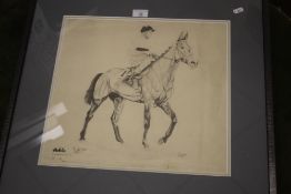 A FRAMED AND GLAZED LIMITED EDITION PRINT OF ARKLE SIGNED