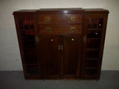 AN OAK ARTS AND CRAFTS STYLE SIDE BY SIDE TALL BOY SIDEBOARD WITH SOLID BRASS HANDLES