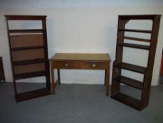 TWO ANTIQUE PINE BOOKSHELVES AND AN OAK TWO DRAWER DESK