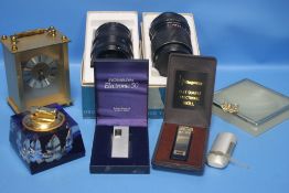 A BOX OF COLLECTABLES TO INCLUDE CAMERA LENSES, CARRIAGE CLOCK ETC.