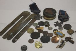 A QUANTITY COINS, BADGES, MEDALS ETC.