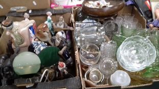 TWO TRAYS OF CERAMICS AND GLASSWARE TO INCLUDE CONTINENTAL STYLE FIGURES ETC.