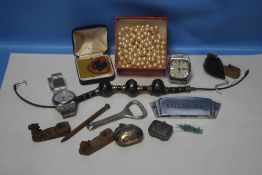A BOX OF WATCHES, JEWELLERY AND COLLECTABLES