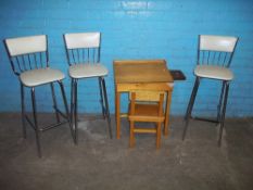 THREE VINTAGE HIGH CHAIRS AND A CHILDREN'S SCHOOL TYPE DESK WITH CHAIR