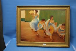 A FRAMED AND GLAZED OIL ON BOARD OF BALLERINAS