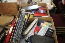 TWO BOXES OF MAINLY STATIONARY ITEMS TO INCLUDE 2020 DIARIES, FOLDERS, PENCIL CASES ETC.