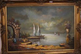 A FRAMED AND GLAZED OIL ON CANVAS DEPICTING A LAKESIDE SCENE SIGNED T. VAN MEEREN