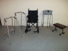 A SELECTION OF MOBILITY AIDS TO INCLUDE A DRIVE WHEEL CHAIN.