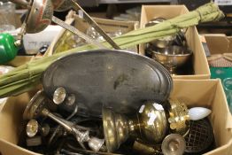 THREE TRAYS OF METALWARE AND GLASSWARE (TRAYS NOT INCLUDED)